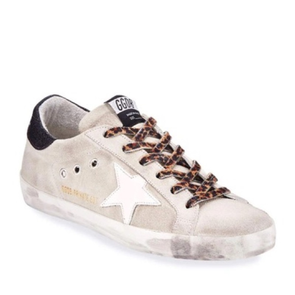 Grey golden goose with cheetah laces. Fit a 6/6.5
